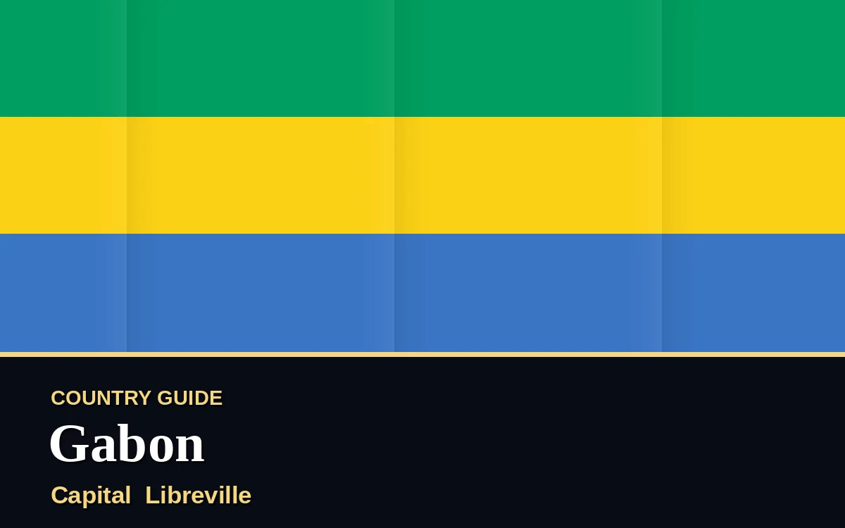 Original Gabon country guide poster with capital Libreville, Independence Day on Tuesday, 17 August 2027, colours green and gold