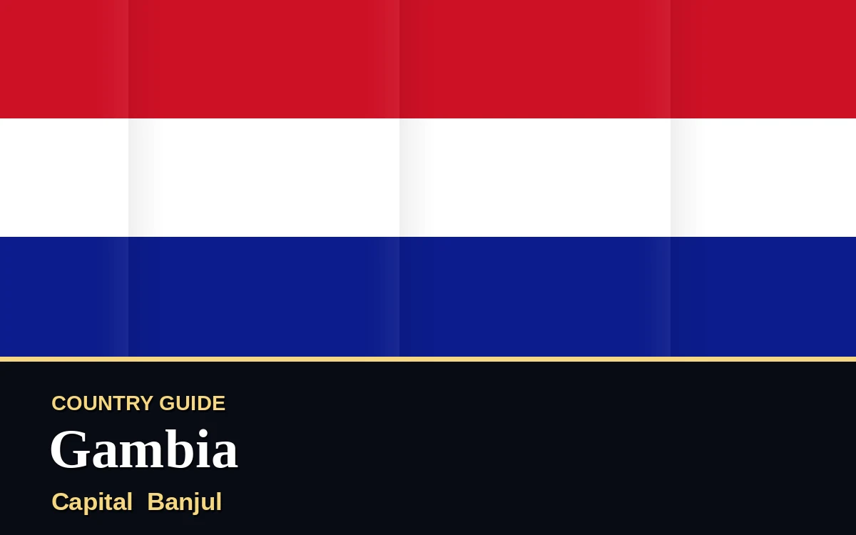 Original Gambia country guide poster with capital Banjul, Independence Day on Thursday, 18 February 2027, colours red and green
