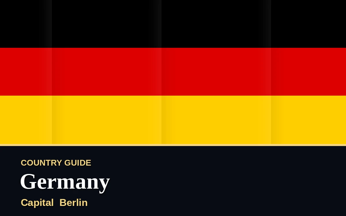 Original Germany country guide poster with capital Berlin, Unity Day on Saturday, 3 October 2026, colours black, red and gold