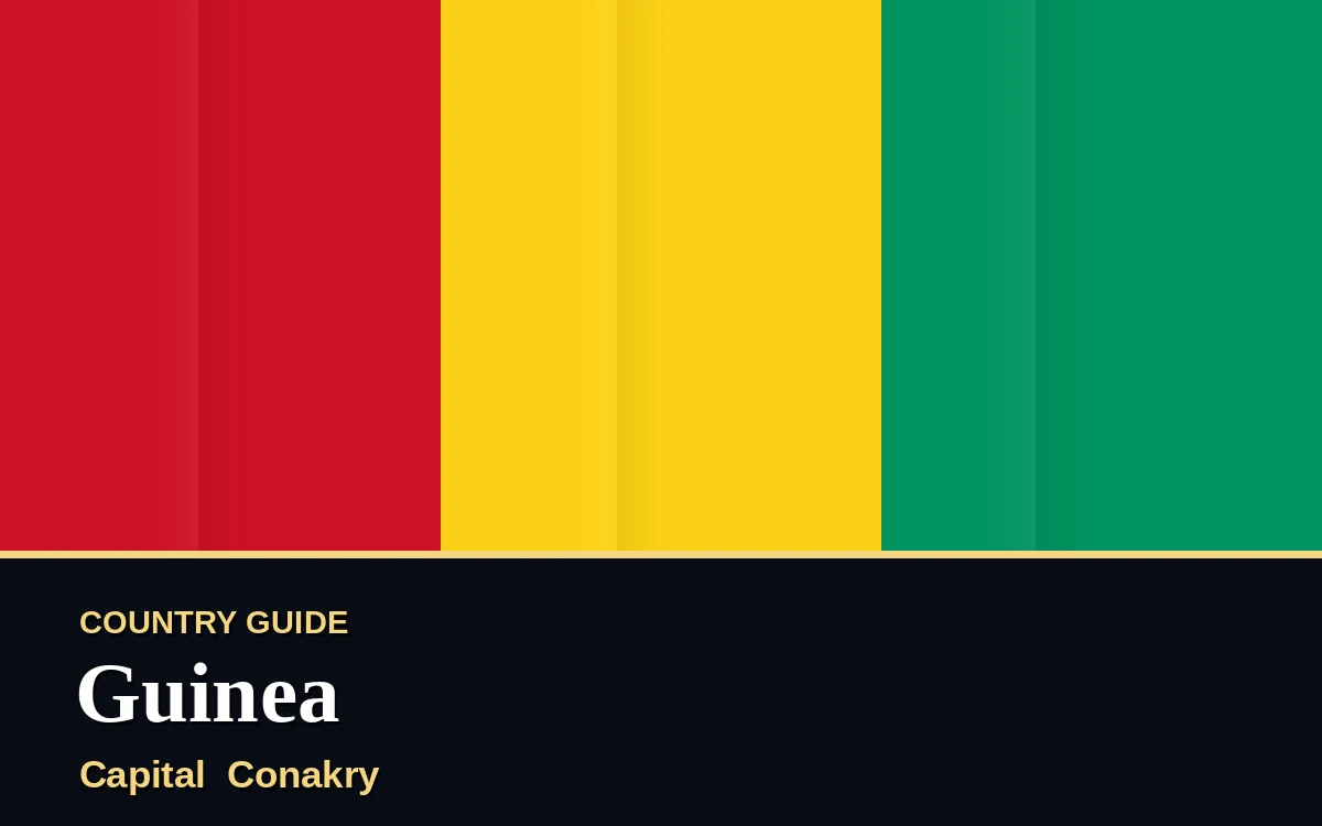 Original Guinea country guide poster with capital Conakry, Independence Day on Friday, 2 October 2026, colours red and gold