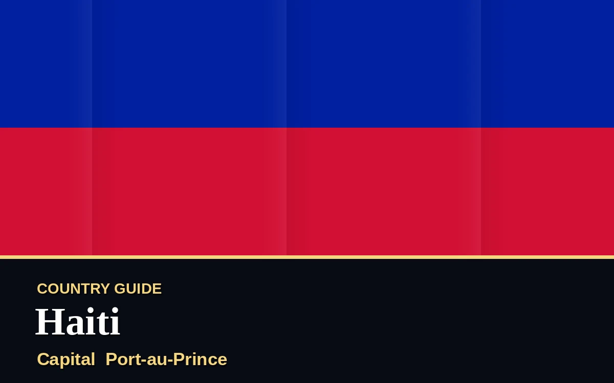 Original Haiti country guide poster with capital Port-au-Prince, Independence Day on Friday, 1 January 2027, colours blue and red