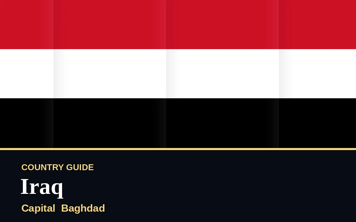 Original Iraq country guide poster with capital Baghdad, Independence Day on Saturday, 3 October 2026, colours red and green