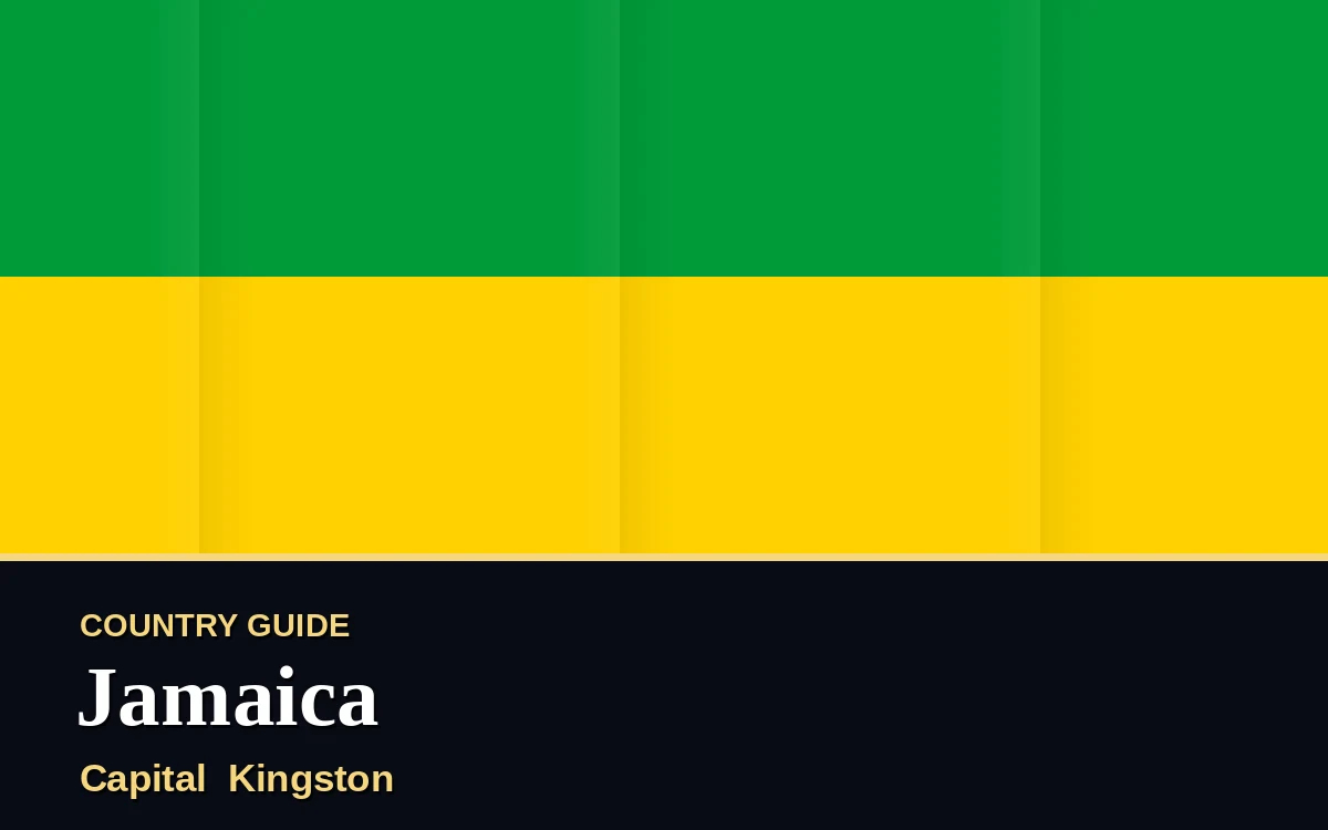 Original Jamaica country guide poster with capital Kingston, Independence Day on Friday, 6 August 2027, colours green and gold
