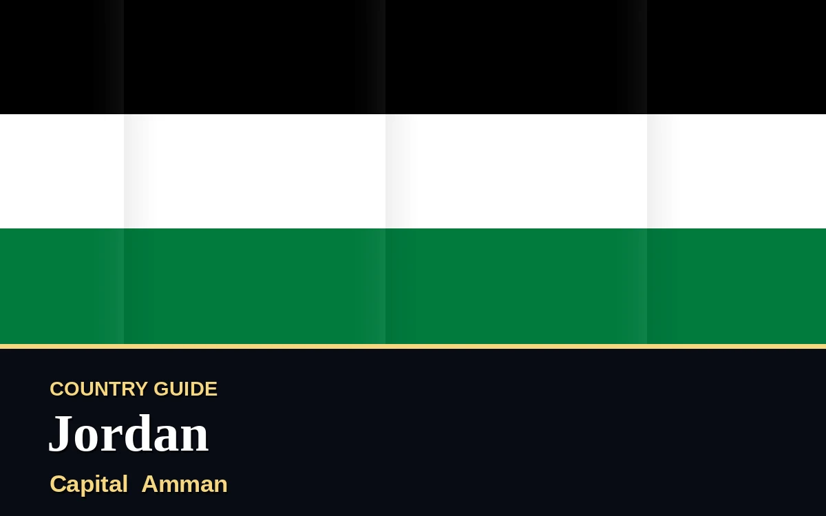 Original Jordan country guide poster with capital Amman, Independence Day on Tuesday, 25 May 2027, colours black, white and green