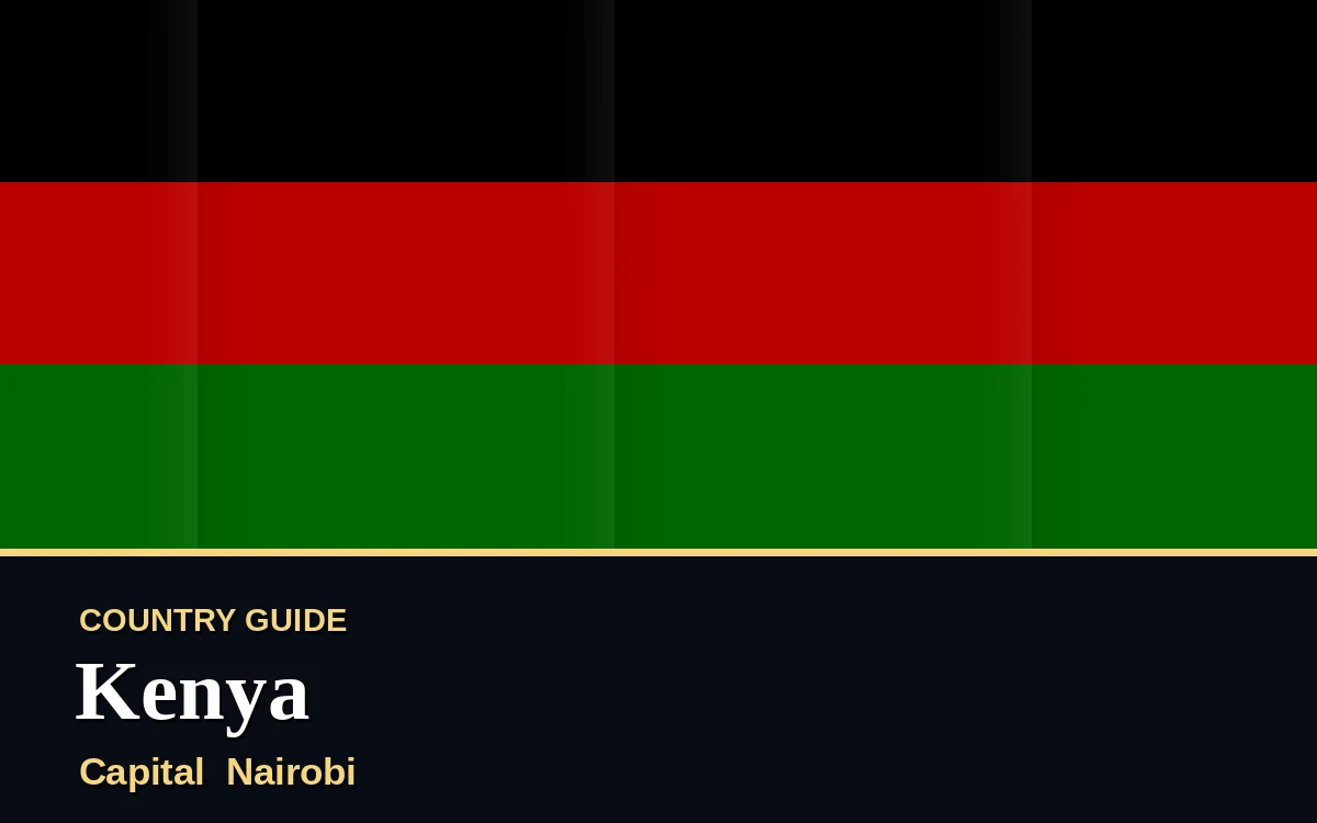Original Kenya country guide poster with capital Nairobi, Independence Day on Saturday, 12 December 2026, colours black, red and green