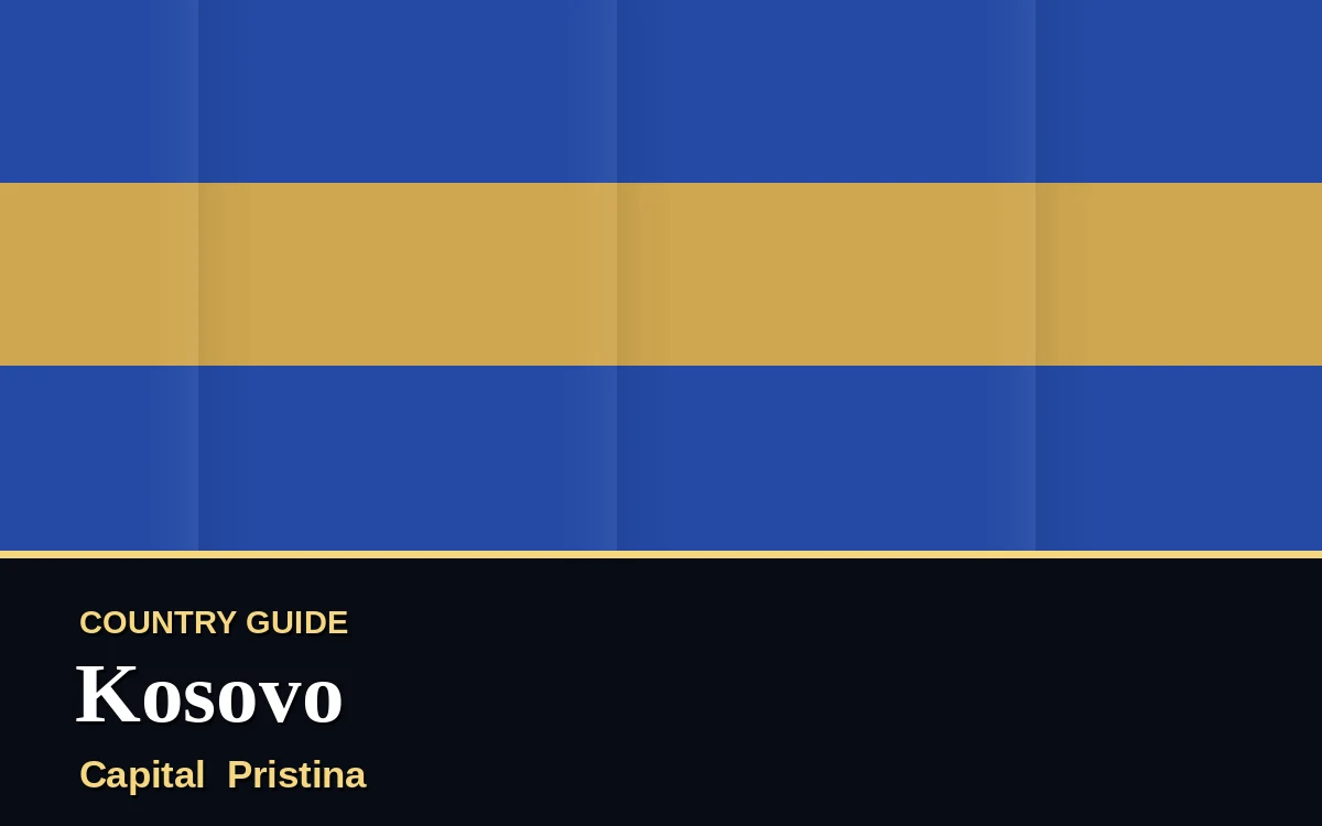 Original Kosovo country guide poster with capital Pristina, Independence Day on Wednesday, 17 February 2027, colours blue and gold