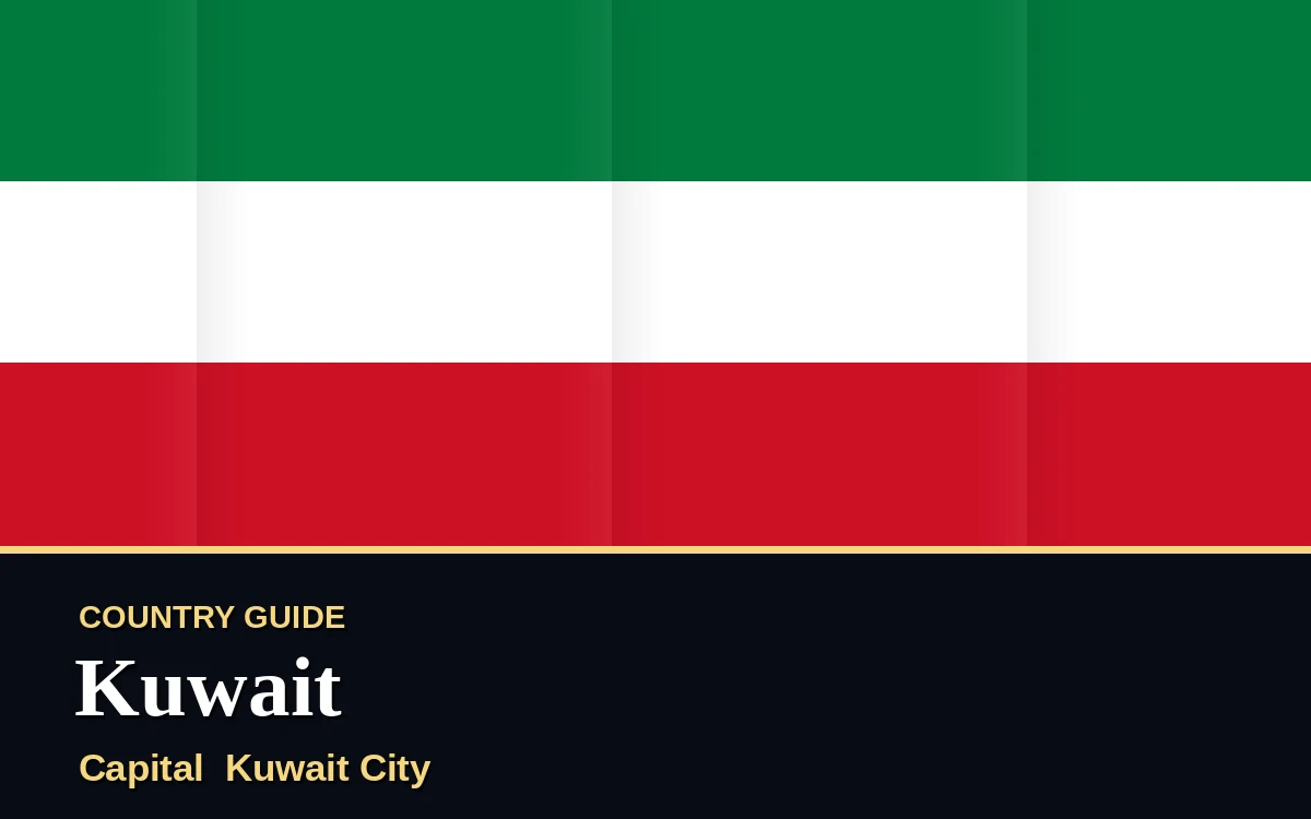 Original Kuwait country guide poster with capital Kuwait City, National Day on Thursday, 25 February 2027, colours green and gold