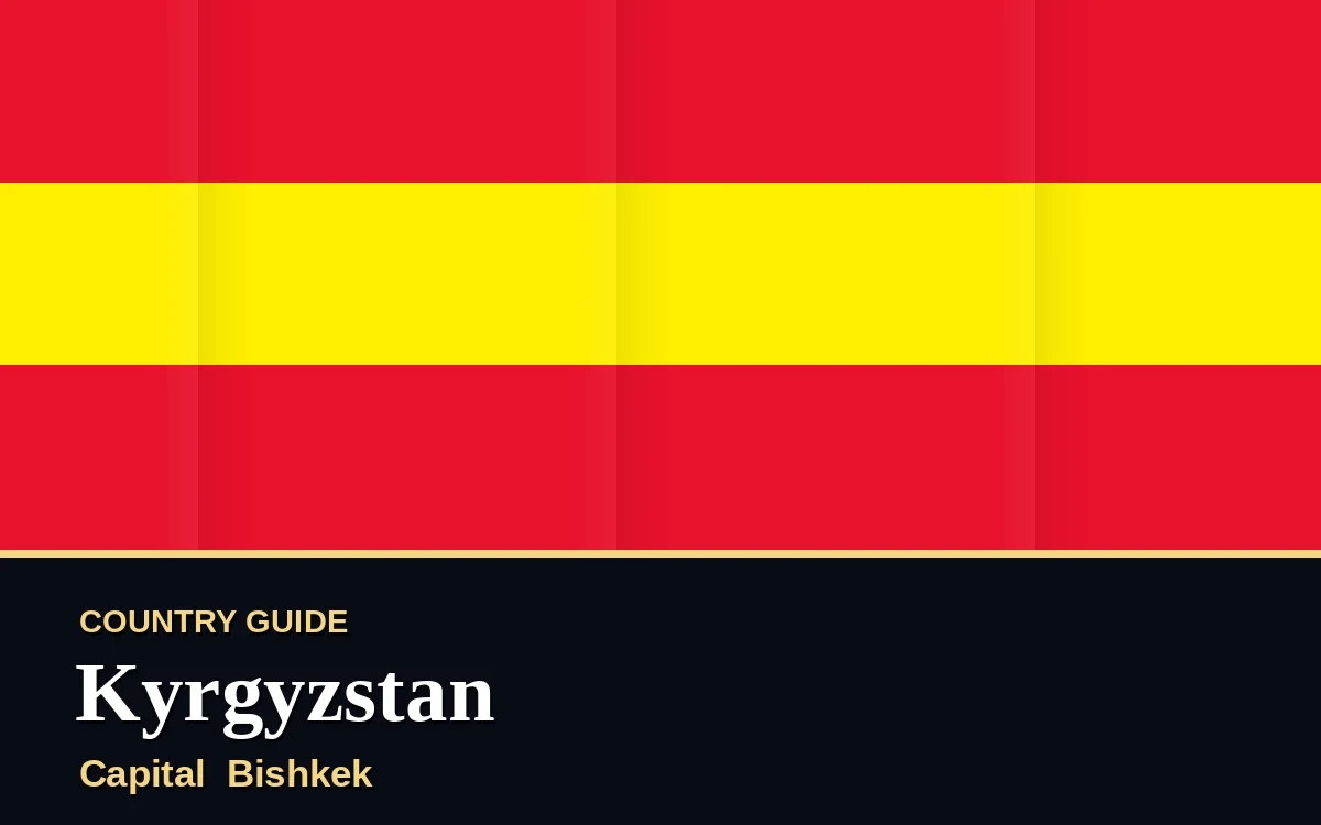 Original Kyrgyzstan country guide poster with capital Bishkek, Independence Day on Tuesday, 31 August 2027, colours red and gold