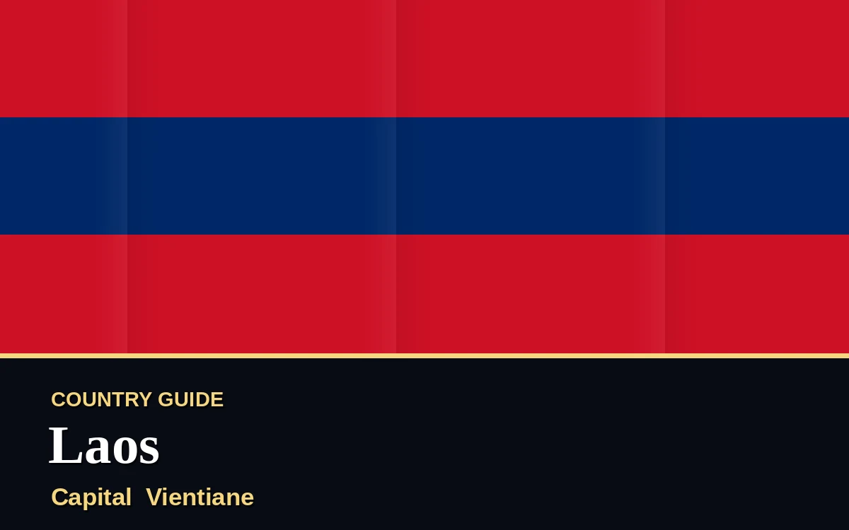 Original Laos country guide poster with capital Vientiane, National Day on Wednesday, 2 December 2026, colours red and blue
