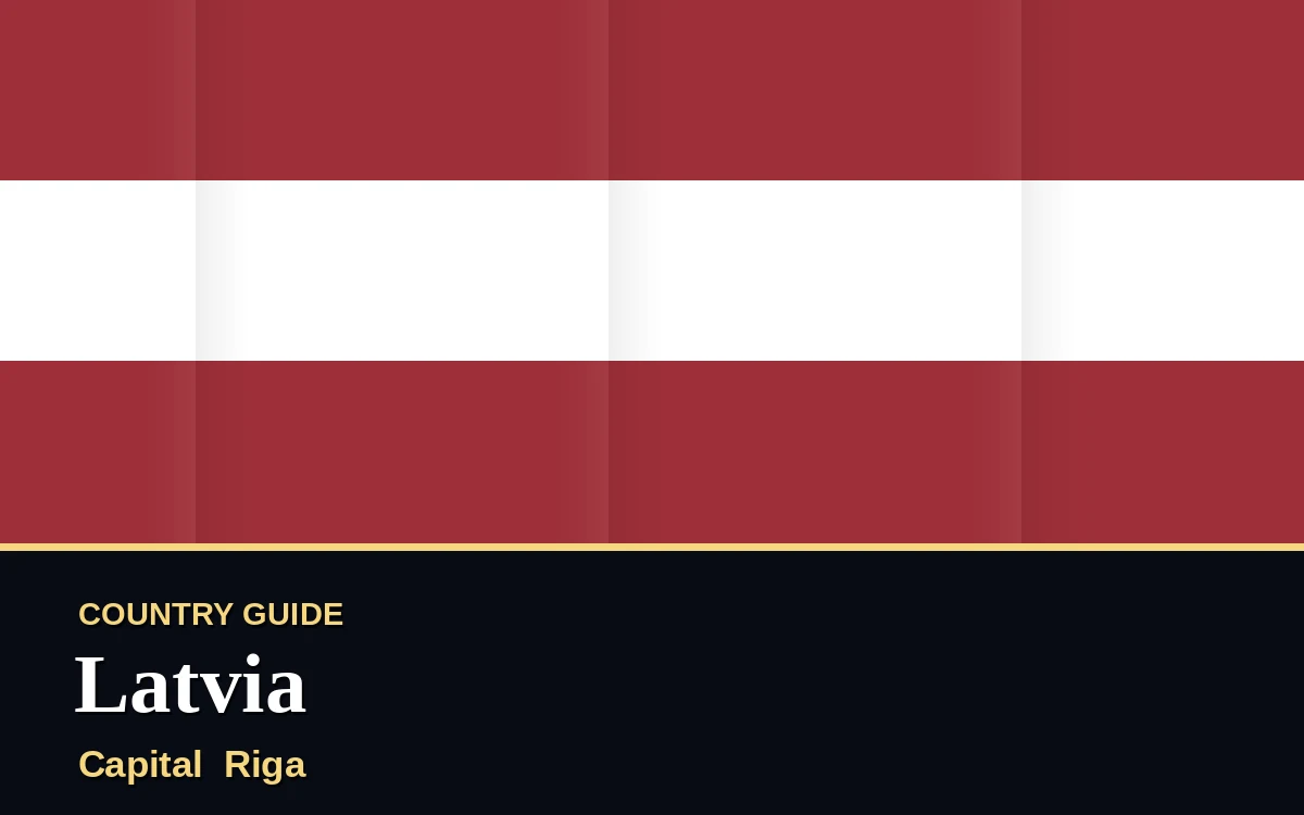 Original Latvia country guide poster with capital Riga, Independence Day on Wednesday, 18 November 2026, colours carmine and white
