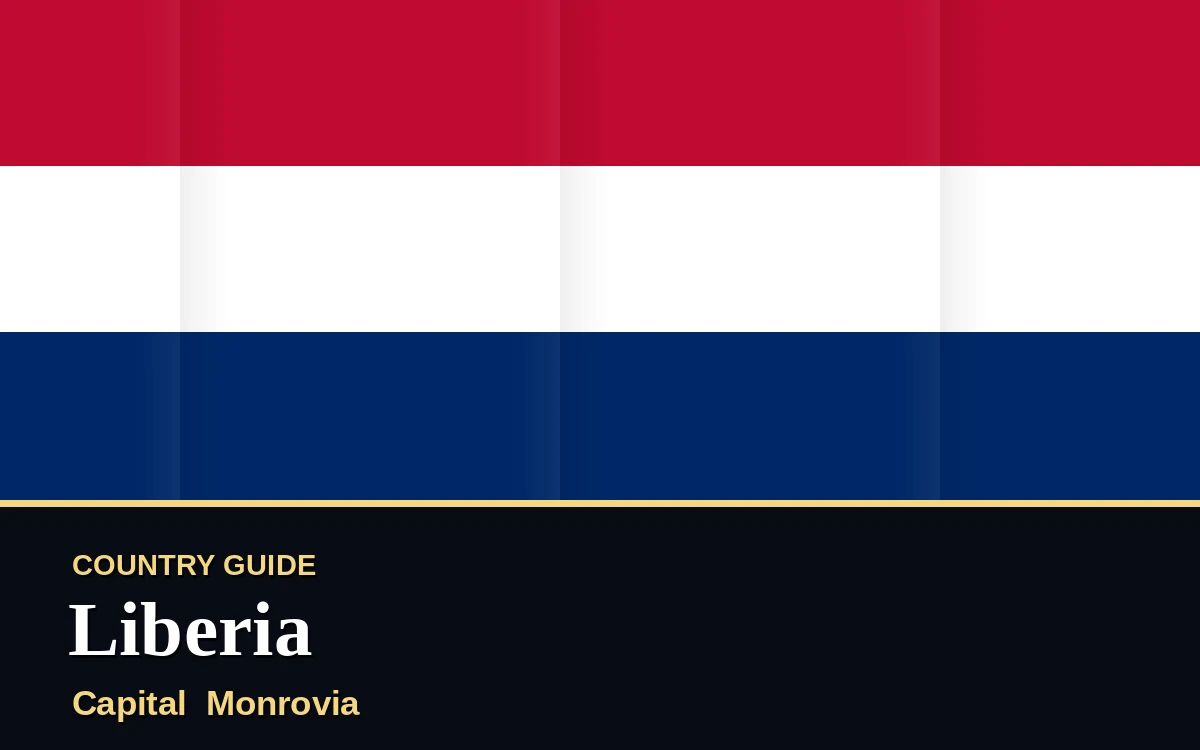 Original Liberia country guide poster with capital Monrovia, Independence Day on Monday, 26 July 2027, colours red and blue