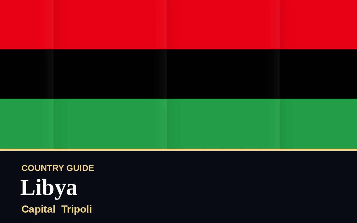 Original Libya country guide poster with capital Tripoli, Independence Day on Thursday, 24 December 2026, colours red, black and green