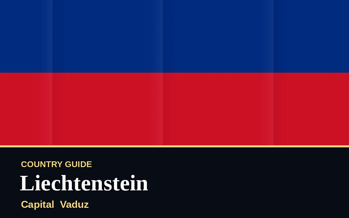 Original Liechtenstein country guide poster with capital Vaduz, National Day on Sunday, 15 August 2027, colours blue and gold