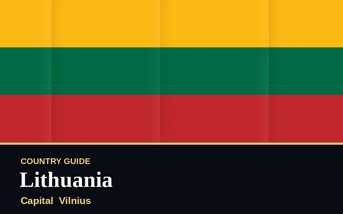 Original Lithuania country guide poster with capital Vilnius, Independence Day on Tuesday, 16 February 2027, colours yellow, green and red