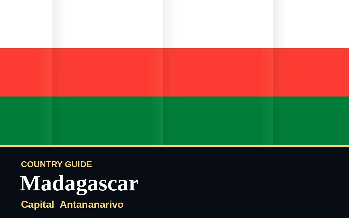 Original Madagascar country guide poster with capital Antananarivo, Independence Day on Saturday, 26 June 2027, colours green and gold