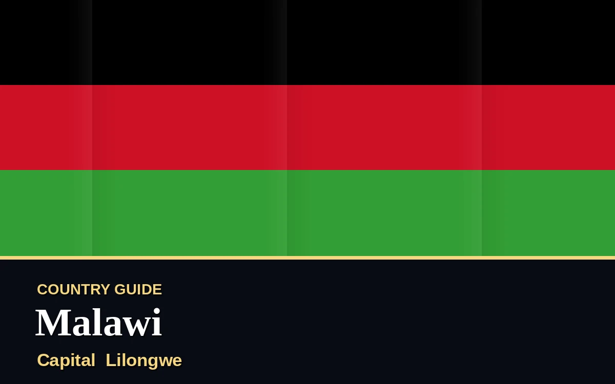 Original Malawi country guide poster with capital Lilongwe, Independence Day on Tuesday, 6 July 2027, colours black, red and green