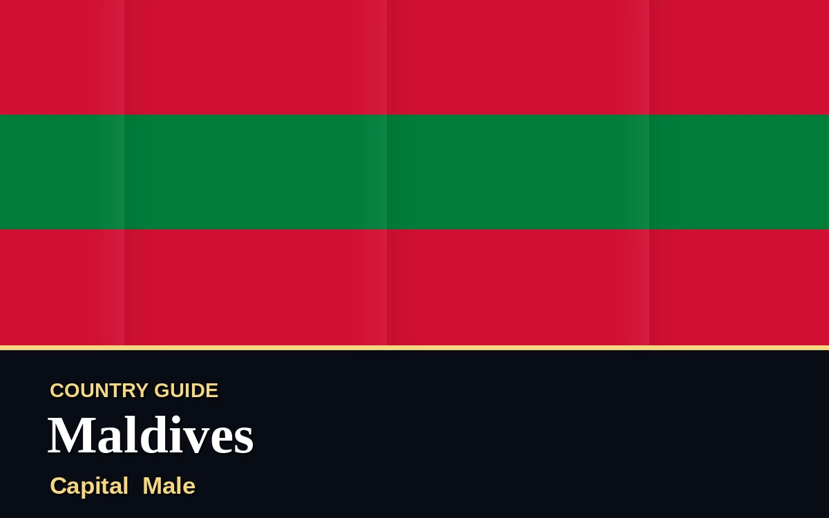 Original Maldives country guide poster with capital Male, Independence Day on Monday, 26 July 2027, colours red and green