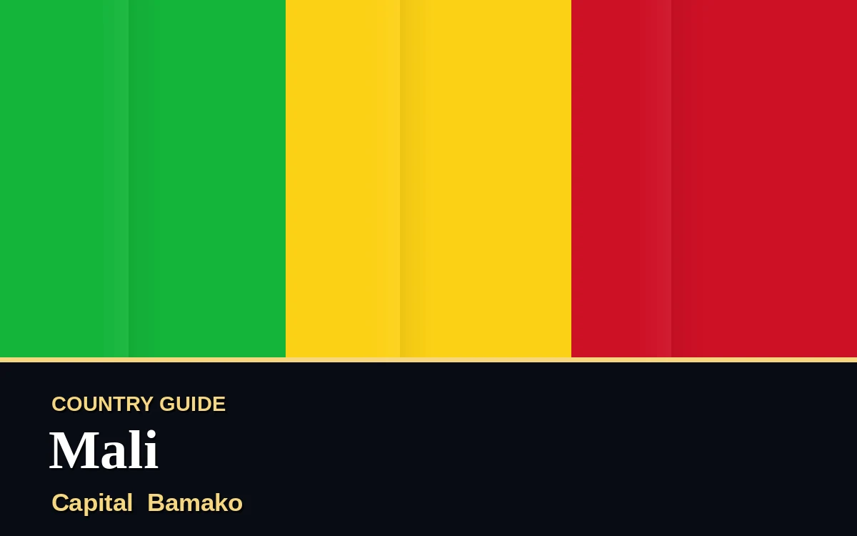 Original Mali country guide poster with capital Bamako, Independence Day on Wednesday, 22 September 2027, colours green and gold