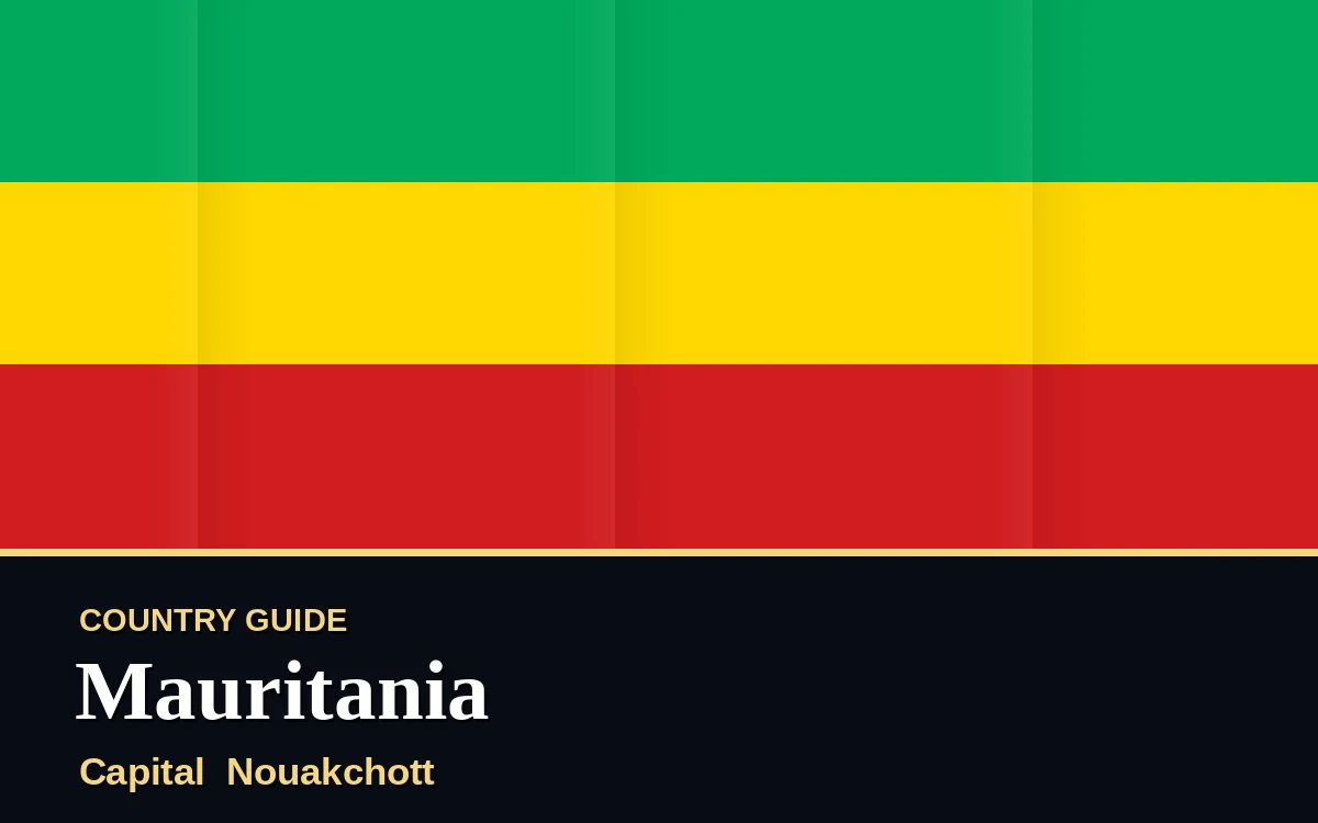 Original Mauritania country guide poster with capital Nouakchott, Independence Day on Saturday, 28 November 2026, colours green and gold
