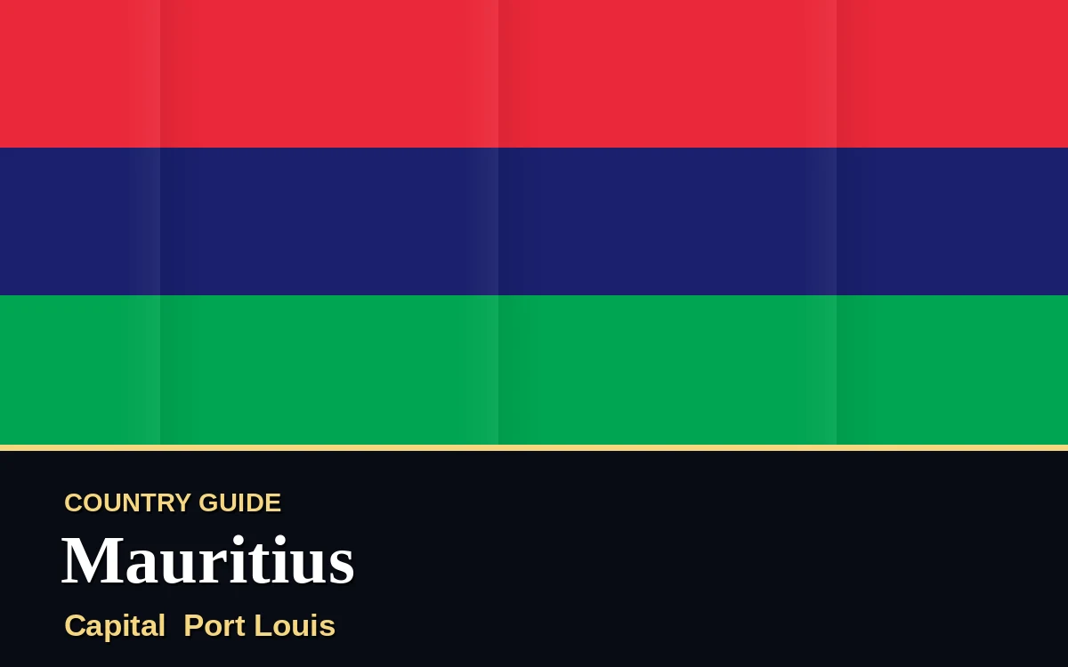 Original Mauritius country guide poster with capital Port Louis, Independence Day on Friday, 12 March 2027, colours red and blue