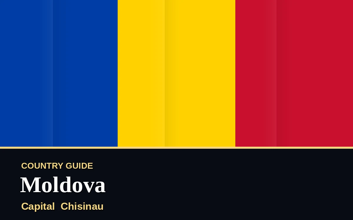 Original Moldova country guide poster with capital Chisinau, Independence Day on Friday, 27 August 2027, colours blue and gold