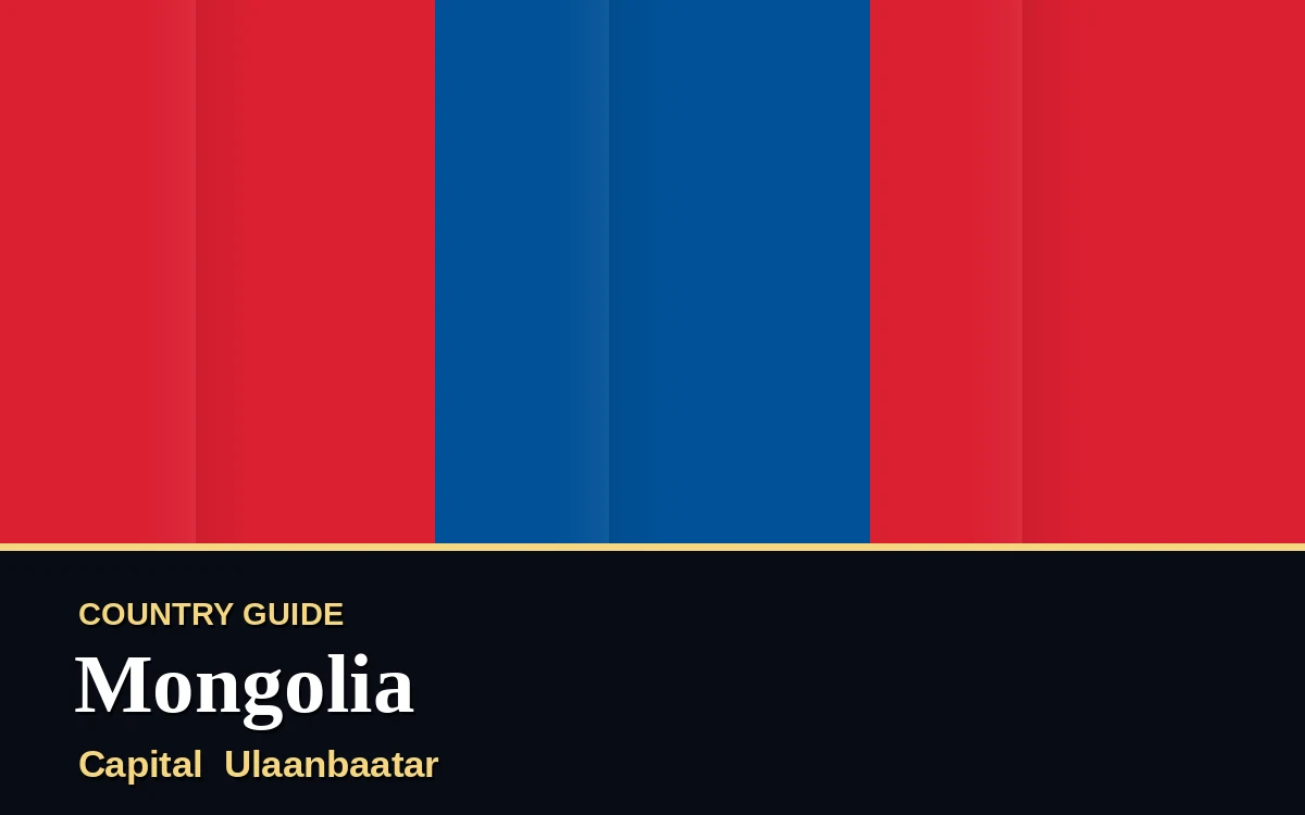 Original Mongolia country guide poster with capital Ulaanbaatar, National Day on Sunday, 11 July 2027, colours red and blue