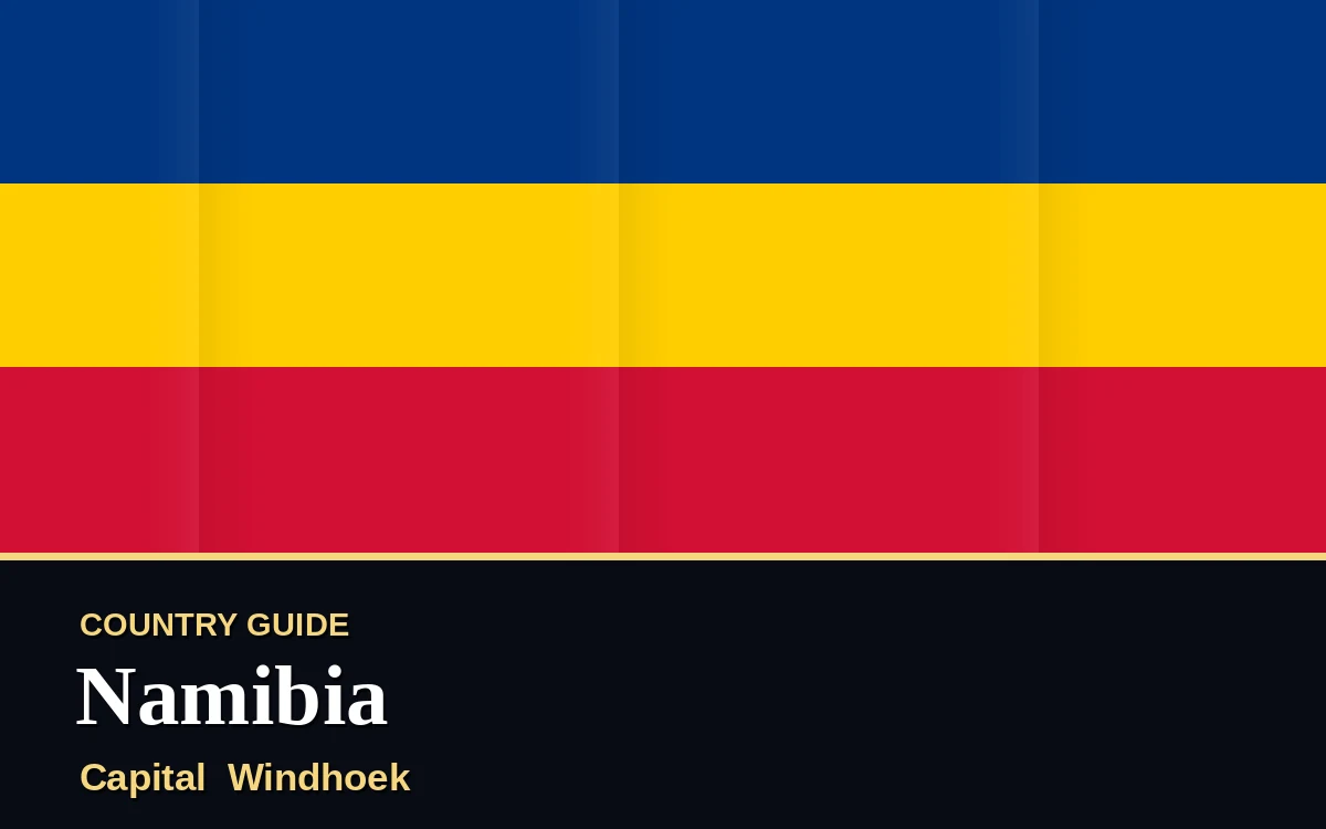 Original Namibia country guide poster with capital Windhoek, Independence Day on Sunday, 21 March 2027, colours blue and gold