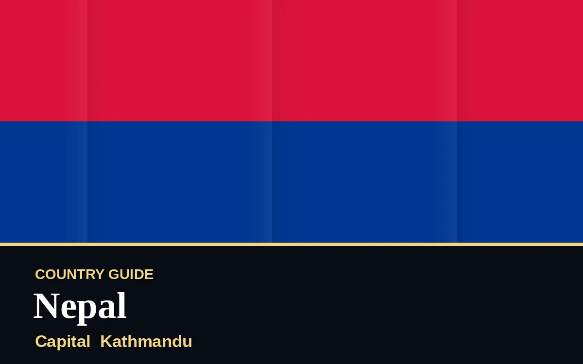 Original Nepal country guide poster with capital Kathmandu, Constitution Day on Sunday, 19 September 2027, colours crimson and blue