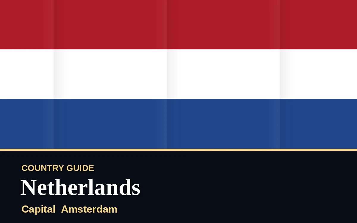 Original Netherlands country guide poster with capital Amsterdam, Liberation Day on Wednesday, 5 May 2027, colours orange and blue