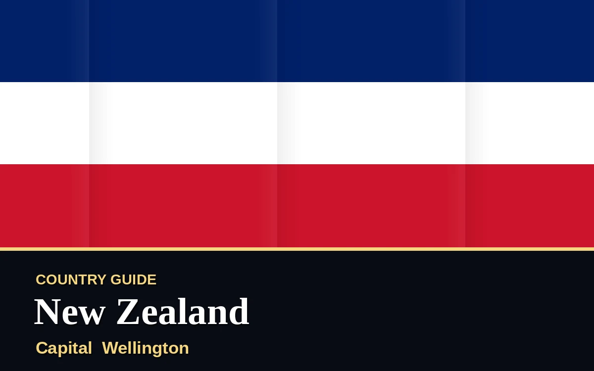 Original New Zealand country guide poster with capital Wellington, Waitangi Day on Saturday, 6 February 2027, colours blue and white