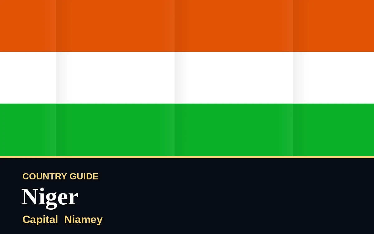 Original Niger country guide poster with capital Niamey, Independence Day on Tuesday, 3 August 2027, colours orange and green