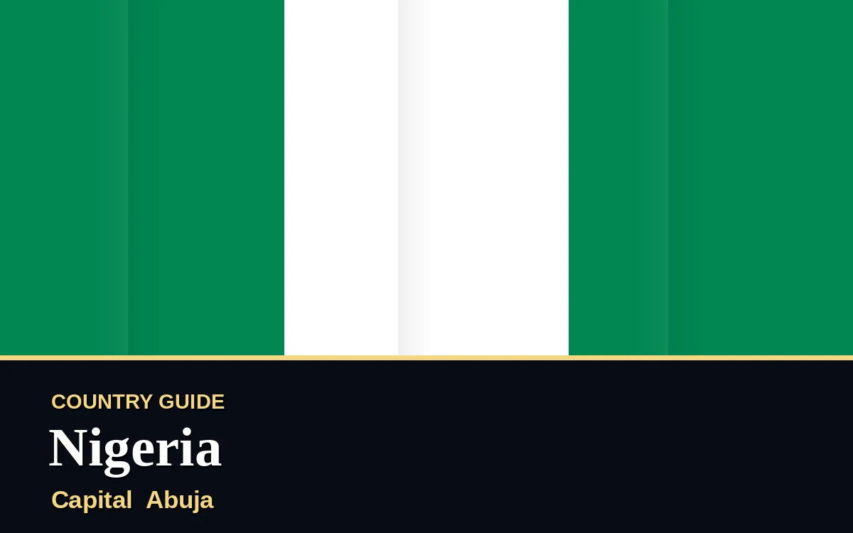 Original Nigeria country guide poster with capital Abuja, Independence Day on Friday, 1 October 2027, colours green and white
