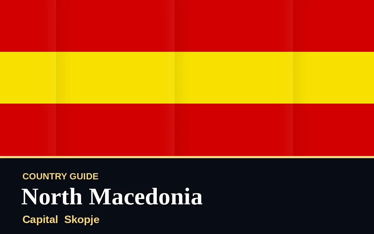 Original North Macedonia country guide poster with capital Skopje, Independence Day on Wednesday, 8 September 2027, colours red and gold