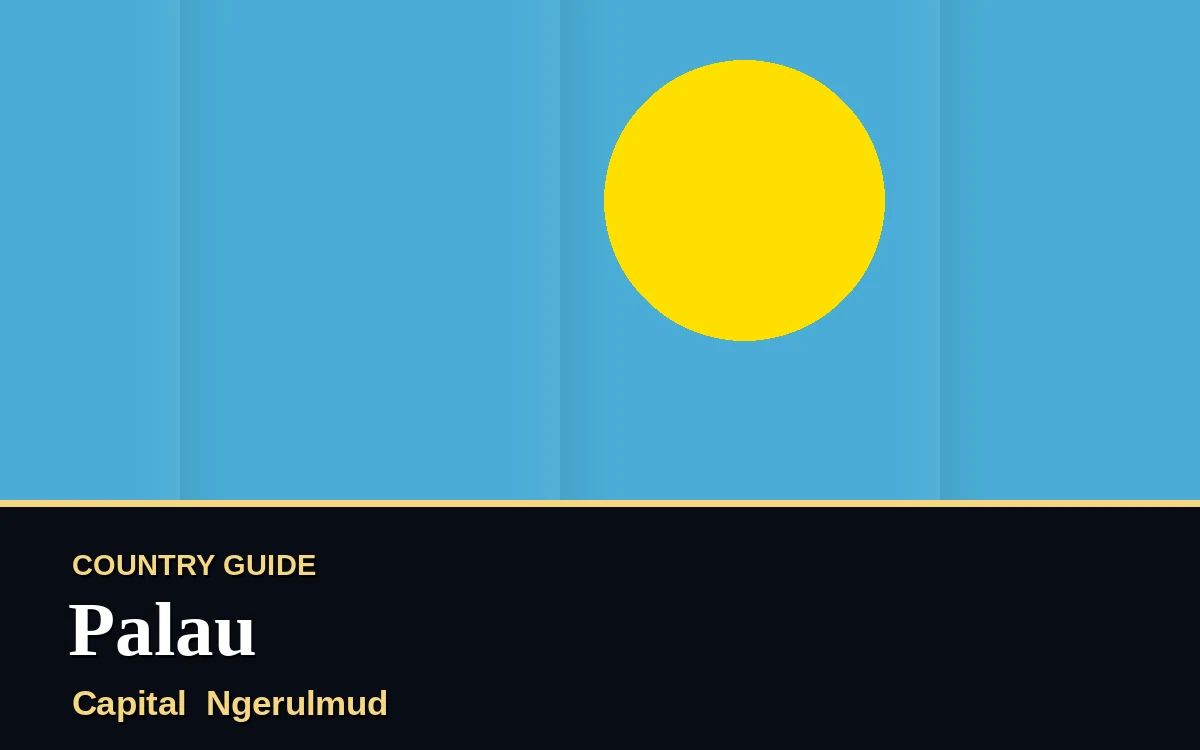 Original Palau country guide poster with capital Ngerulmud, Independence Day on Friday, 1 October 2027, colours blue and gold