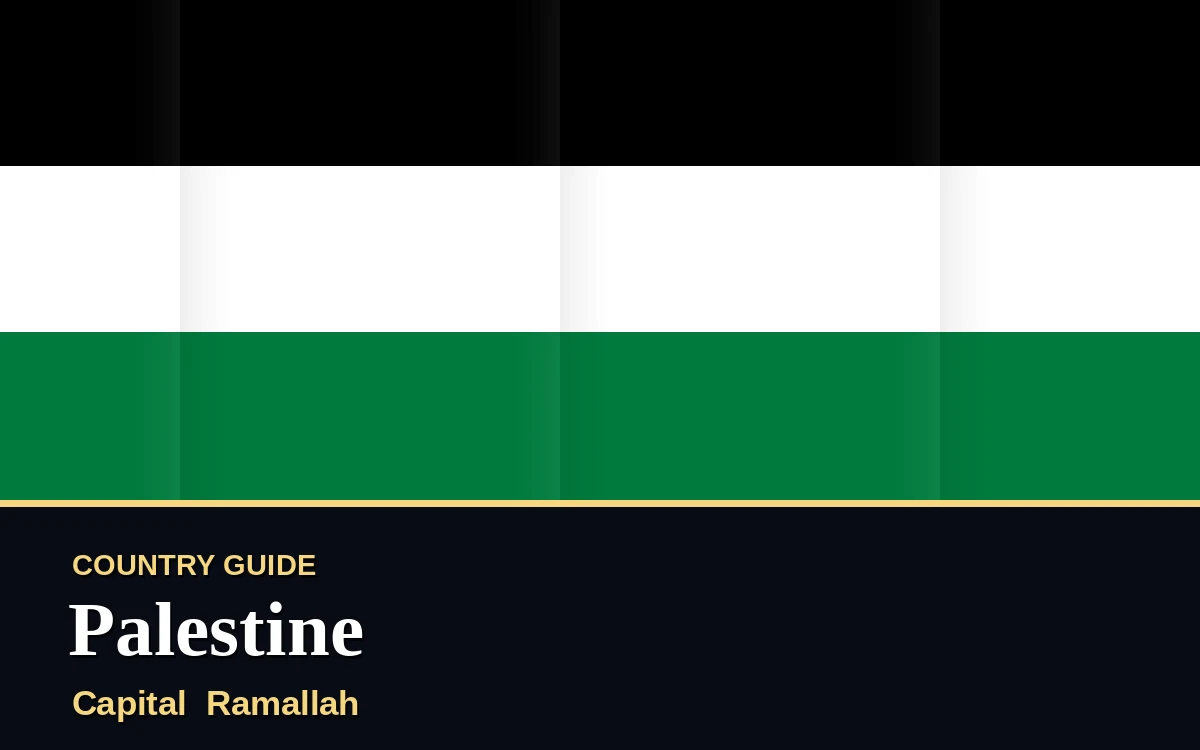 Original Palestine country guide poster with capital Ramallah, Independence Day on Sunday, 15 November 2026, colours black, white and green