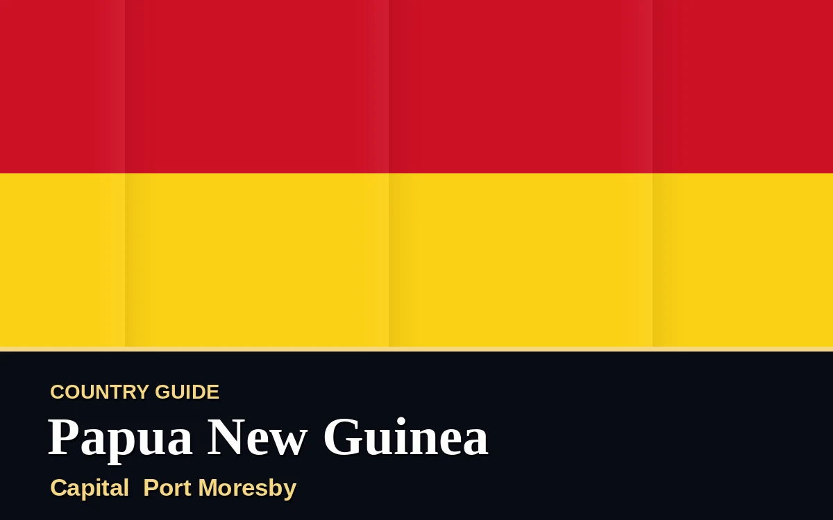 Original Papua New Guinea country guide poster with capital Port Moresby, Independence Day on Thursday, 16 September 2027, colours red and gold