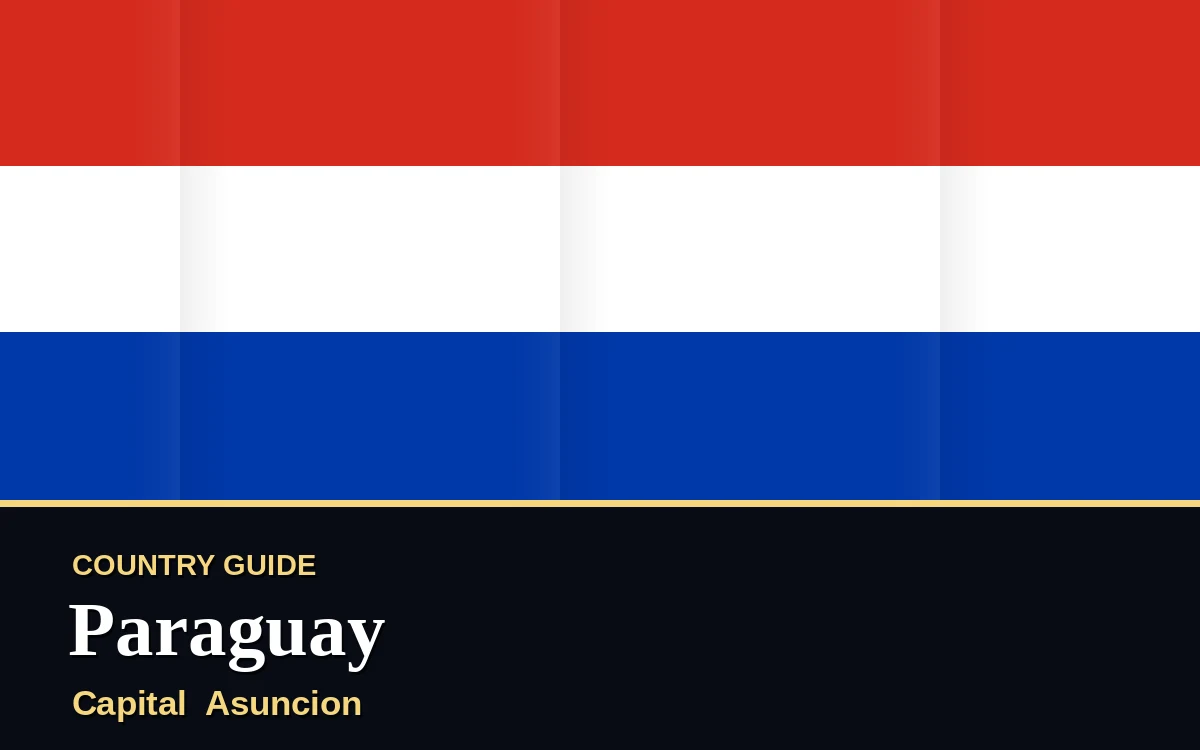 Original Paraguay country guide poster with capital Asuncion, Independence Day on Saturday, 15 May 2027, colours red and blue
