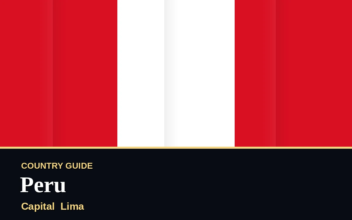 Original Peru country guide poster with capital Lima, Independence Day on Wednesday, 28 July 2027, colours red and white