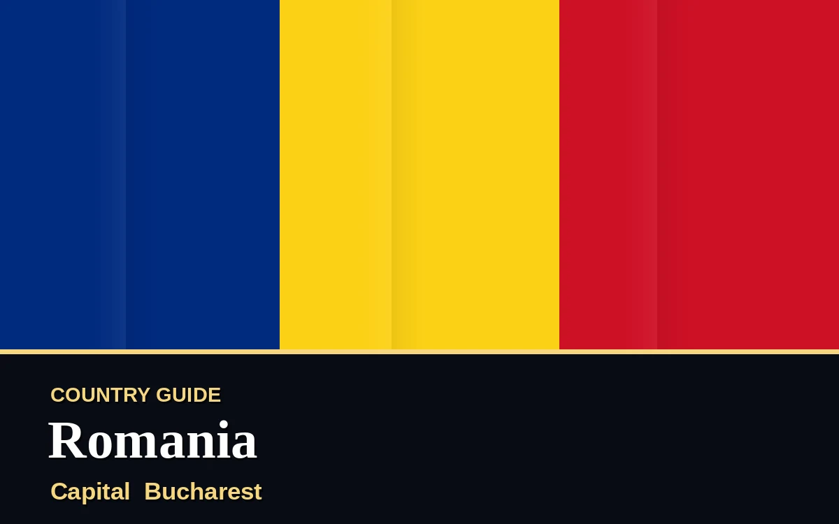 Original Romania country guide poster with capital Bucharest, National Day on Tuesday, 1 December 2026, colours blue, yellow and red