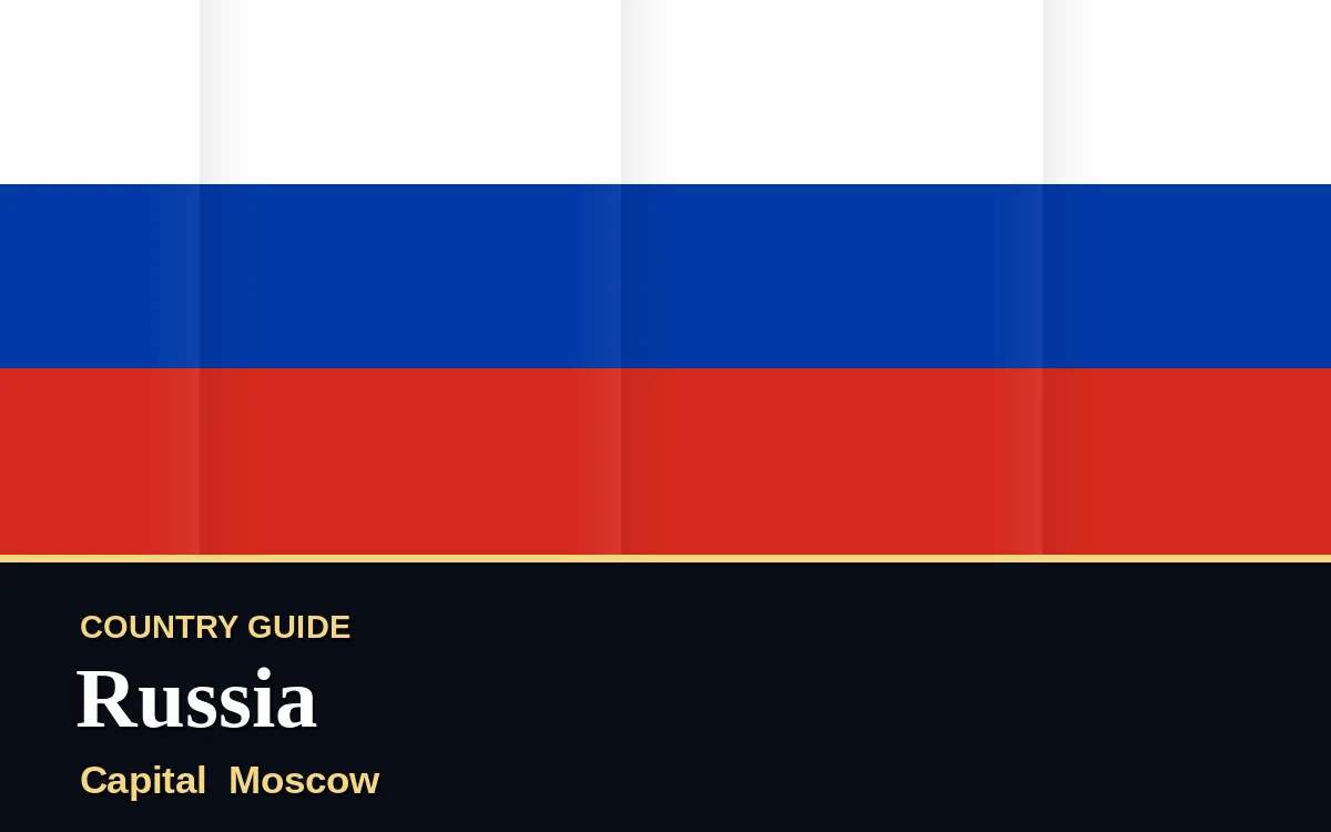 Original Russia country guide poster with capital Moscow, Russia Day on Saturday, 12 June 2027, colours white, blue and red
