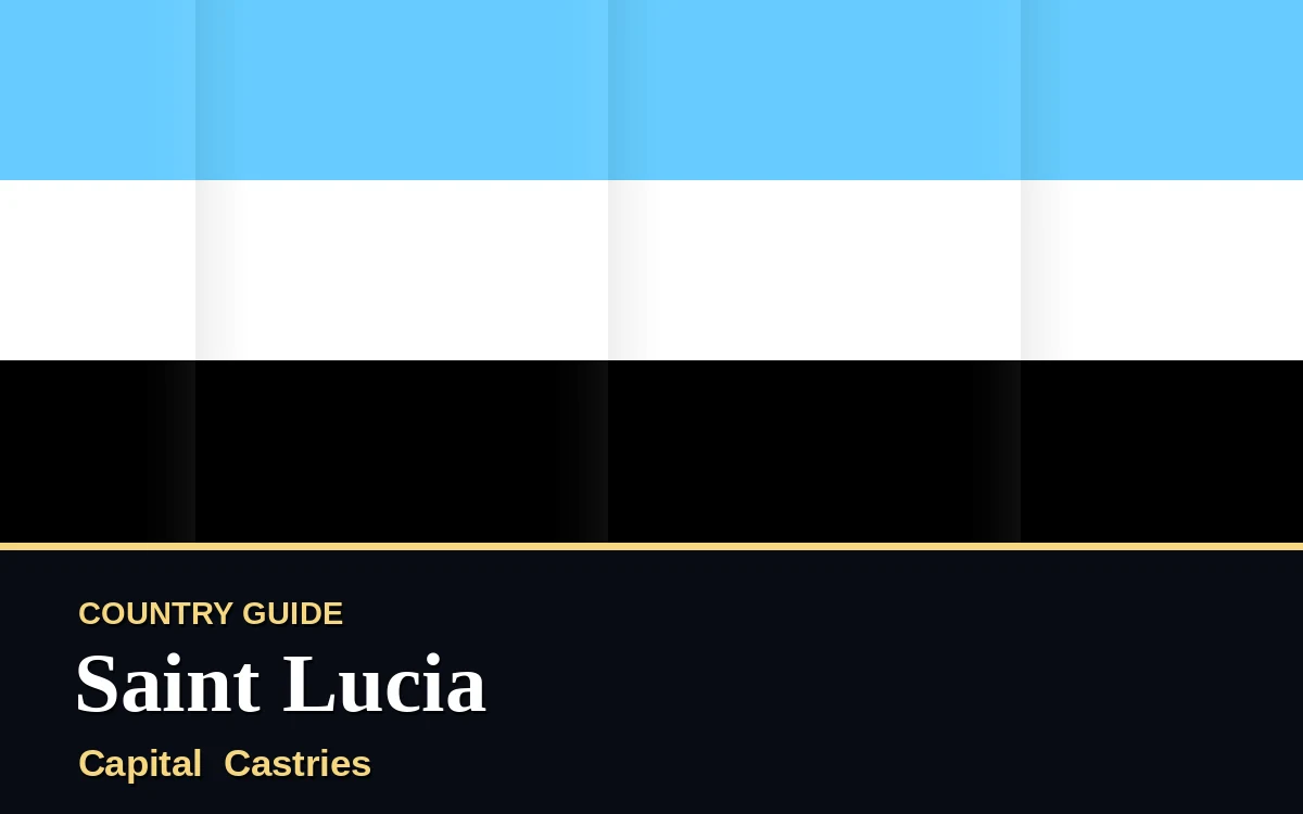 Original Saint Lucia country guide poster with capital Castries, Independence Day on Monday, 22 February 2027, colours blue and gold