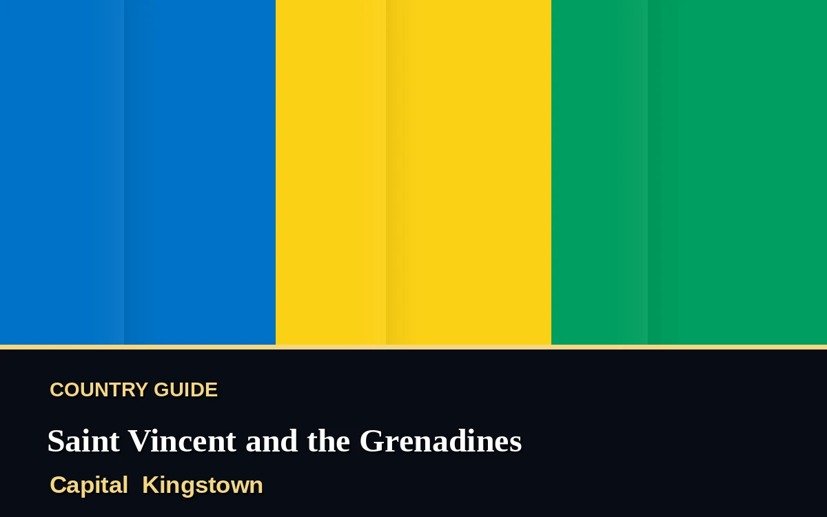 Original Saint Vincent and the Grenadines country guide poster with capital Kingstown, Independence Day on Tuesday, 27 October 2026, colours blue and gold
