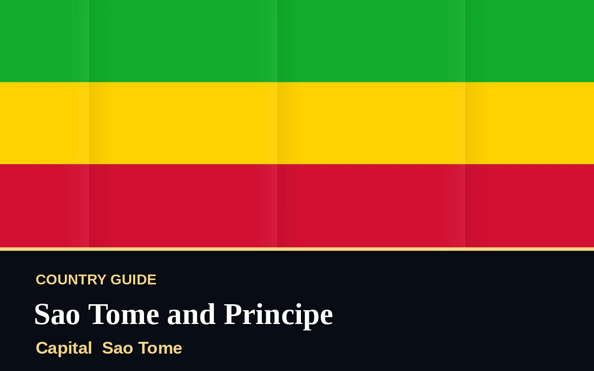 Original Sao Tome and Principe country guide poster with capital Sao Tome, Independence Day on Monday, 12 July 2027, colours green and gold