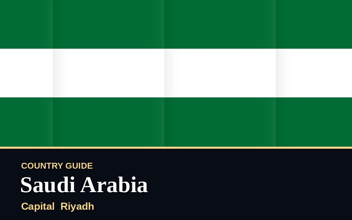 Original Saudi Arabia country guide poster with capital Riyadh, National Day on Thursday, 23 September 2027, colours green and white