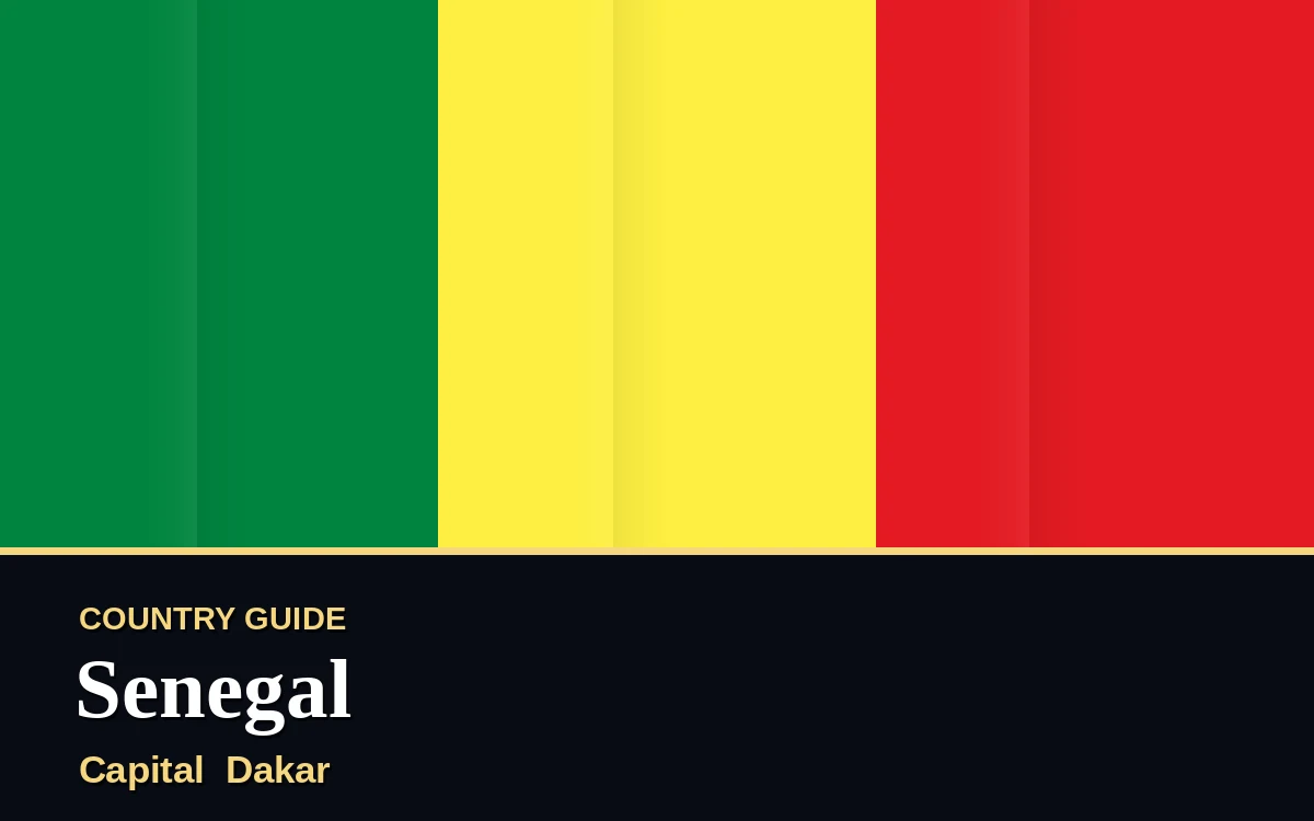 Original Senegal country guide poster with capital Dakar, Independence Day on Sunday, 4 April 2027, colours green and gold
