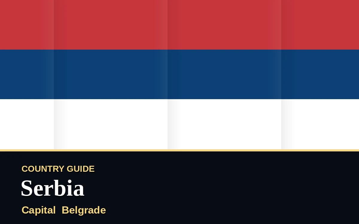 Original Serbia country guide poster with capital Belgrade, Statehood Day on Monday, 15 February 2027, colours red and blue