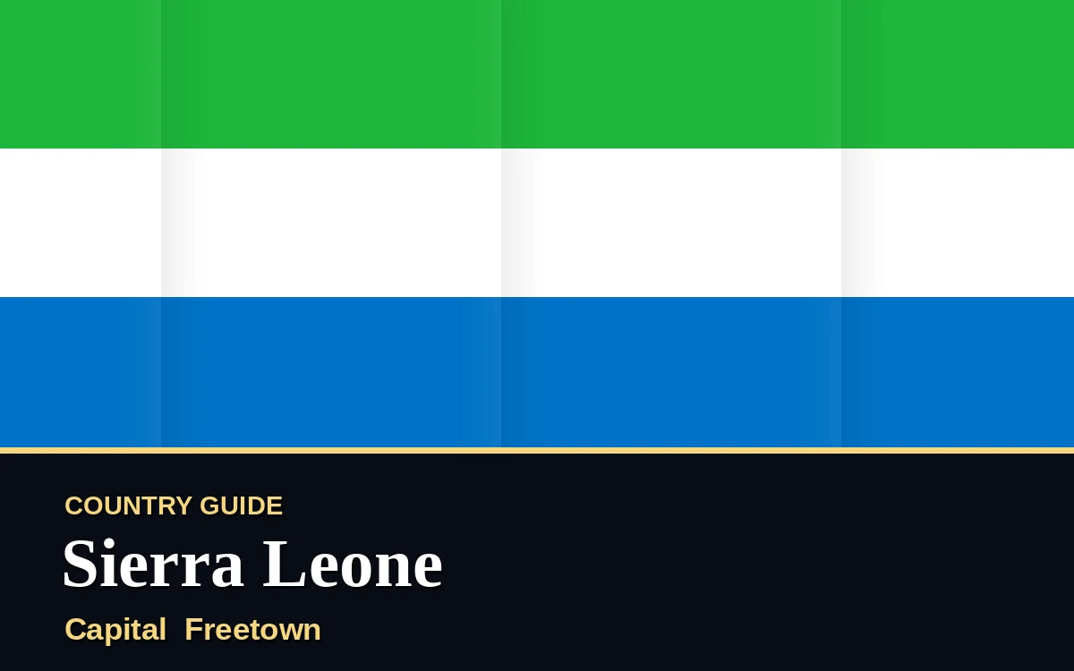Original Sierra Leone country guide poster with capital Freetown, Independence Day on Tuesday, 27 April 2027, colours green and blue
