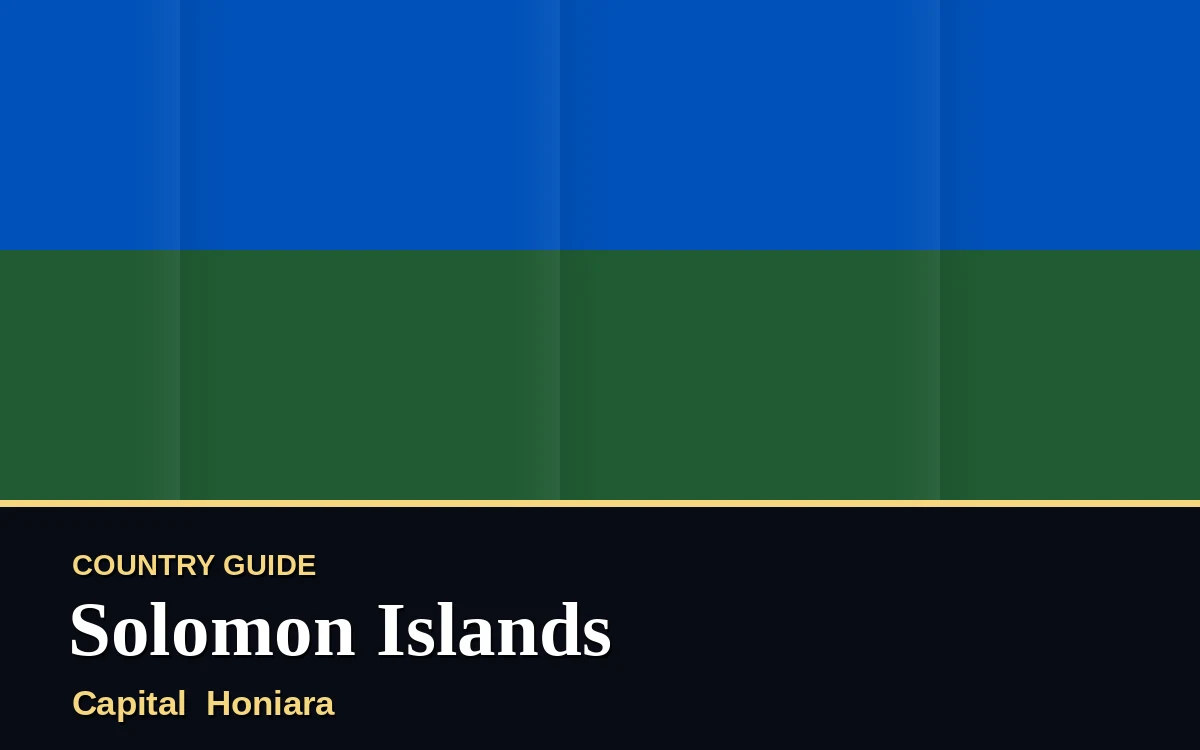 Original Solomon Islands country guide poster with capital Honiara, Independence Day on Wednesday, 7 July 2027, colours green and gold