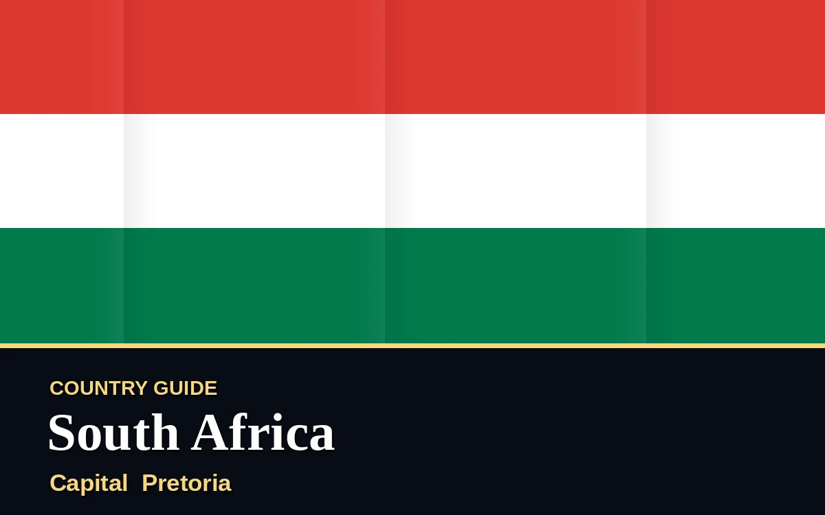 Original South Africa country guide poster with capital Pretoria, Freedom Day on Tuesday, 27 April 2027, colours green and gold