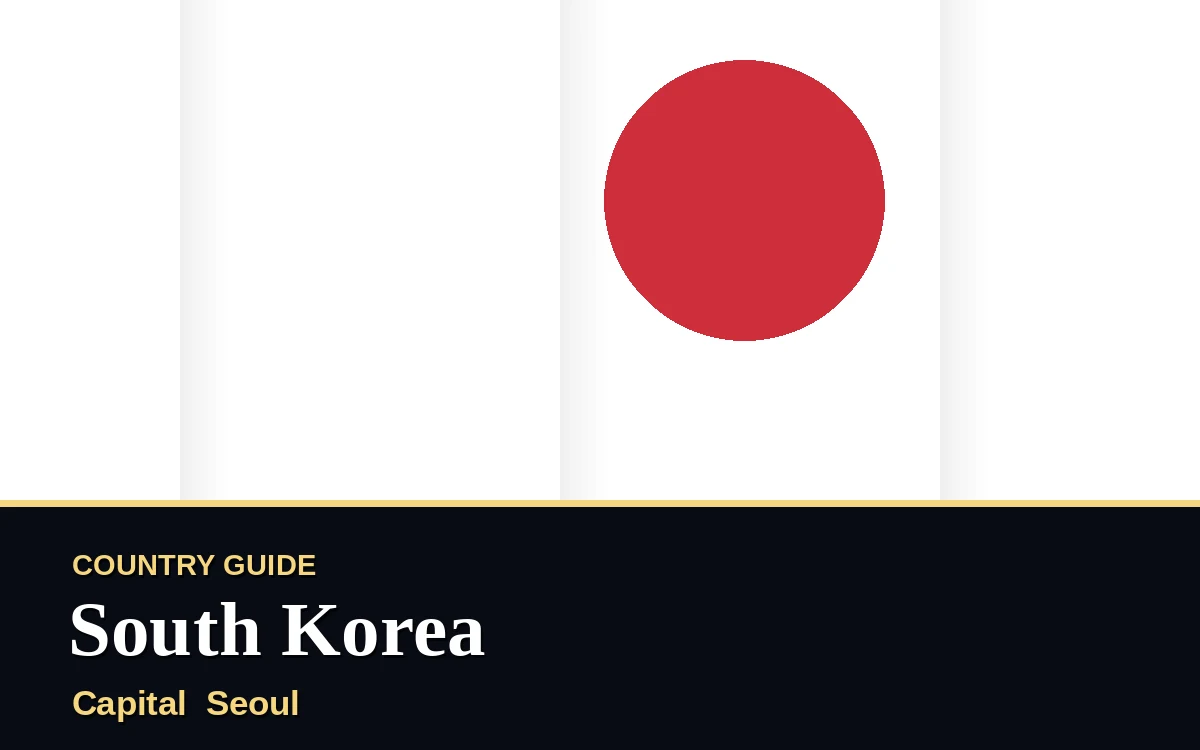 Original South Korea country guide poster with capital Seoul, Liberation Day on Sunday, 15 August 2027, colours red and blue